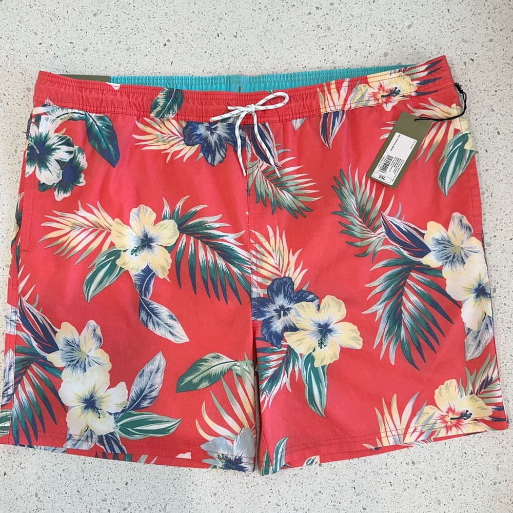 Men’s Tropical Swim Trunks sz 2XL Red Floral Board Shorts Beach Vacation